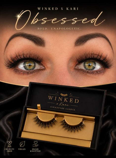 Model wearing Obsessed strip lashes by Winked x Kari — bold, unapologetic full volume lashes